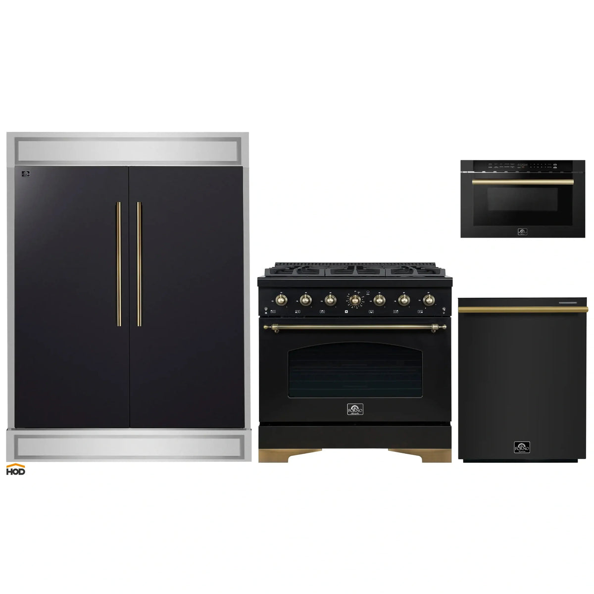 Forno 4-Piece Appliance Package - 36-Inch Gas Range, 60-Inch Convertible Refrigerator with Modern Trim, Dishwasher, and 24-Inch Microwave Drawer in Black with Antique Brass Trim