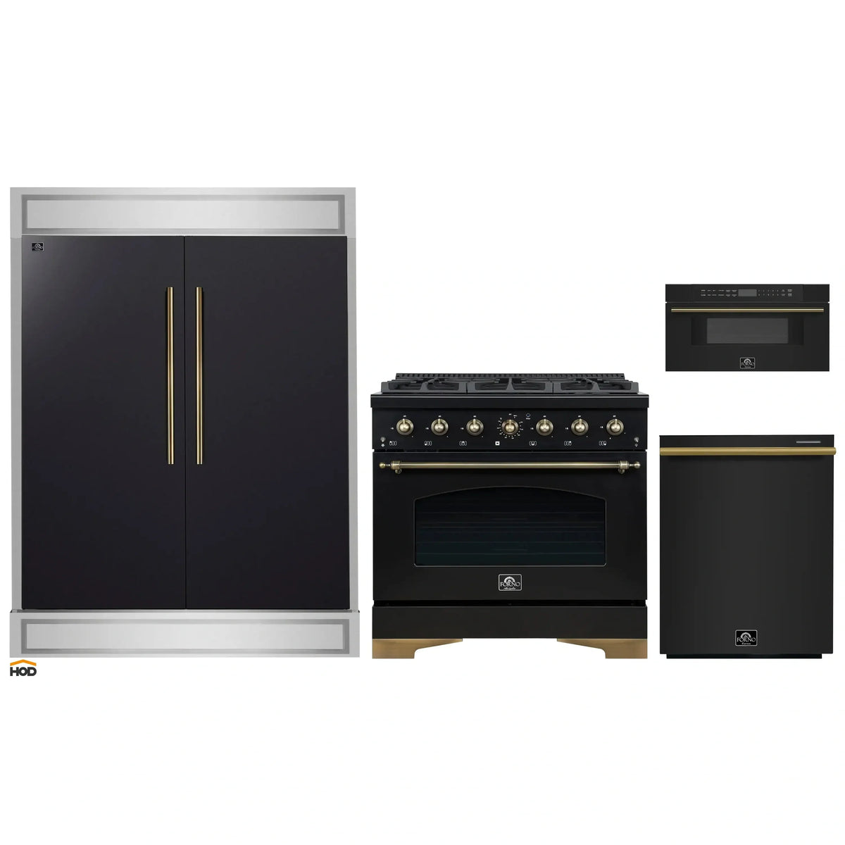 Forno 4-Piece Appliance Package - 36-Inch Gas Range, 60-Inch Convertible Refrigerator with Modern Trim, Dishwasher, and 30-Inch Microwave Drawer in Black with Antique Brass Trim