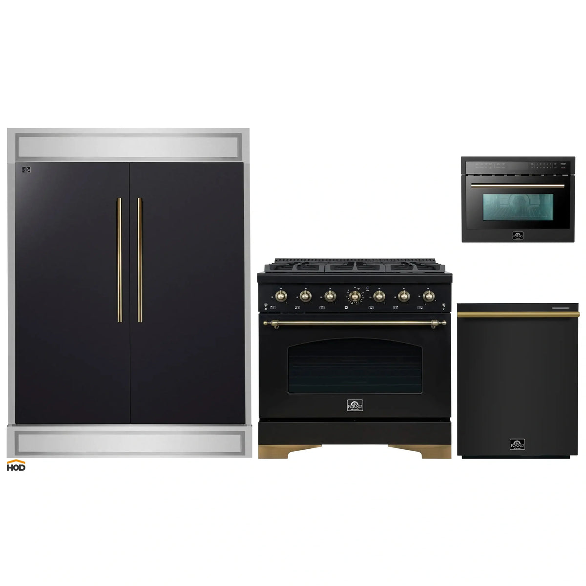 Forno 4-Piece Appliance Package - 36-Inch Gas Range, 60-Inch Convertible Refrigerator with Modern Trim, Dishwasher, and 24-Inch Microwave Oven in Black with Antique Brass Trim