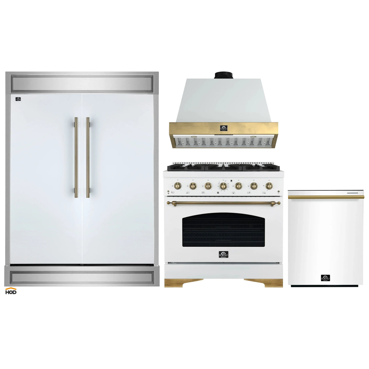 Forno 4-Piece Appliance Package - 36-Inch Gas Range, Wall Mount Range Hood, 60-Inch Refrigerator, Dishwasher in White with Antique Brass Trim