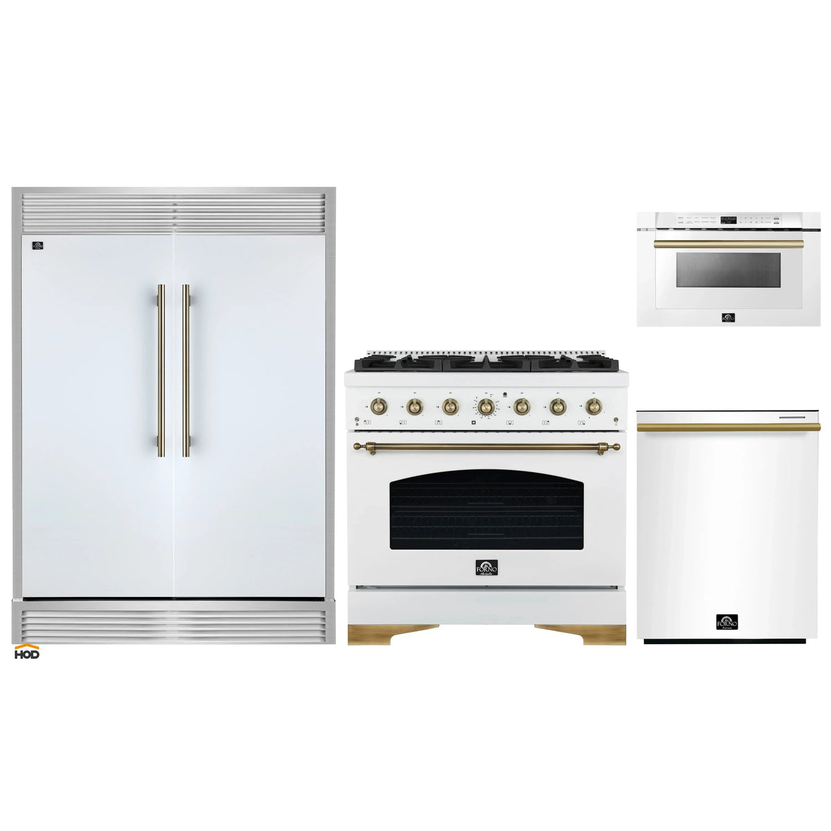 Forno 4-Piece Appliance Package - 36-Inch Antico Gas Range, 60-Inch Refrigerator, Dishwasher, & 24-Inch Microwave Drawer in White with Antique Brass Trim