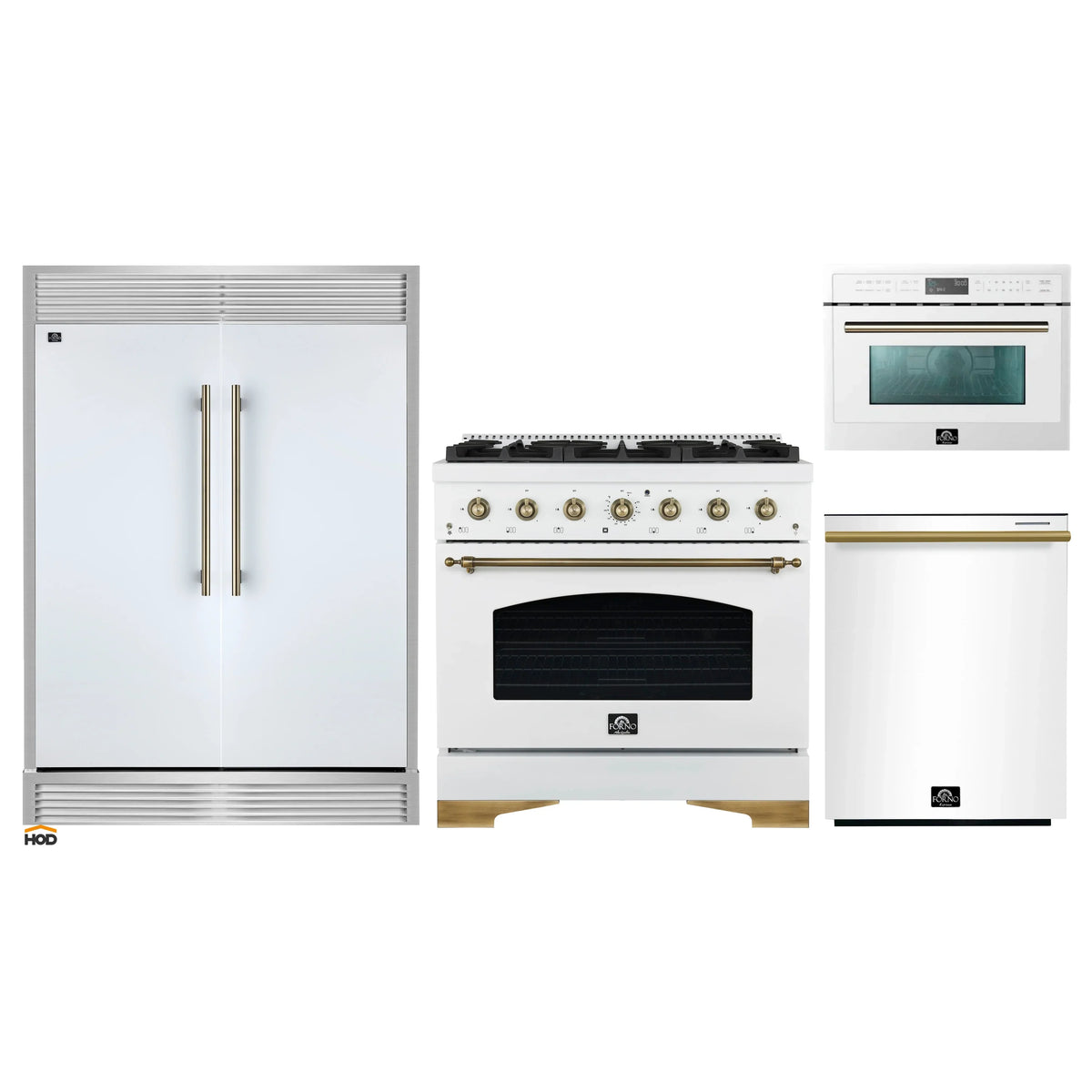 Forno 4-Piece Appliance Package - 36-Inch Antico Gas Range, 60-Inch Refrigerator, Dishwasher, & 24-Inch Microwave Oven in White with Antique Brass Trim