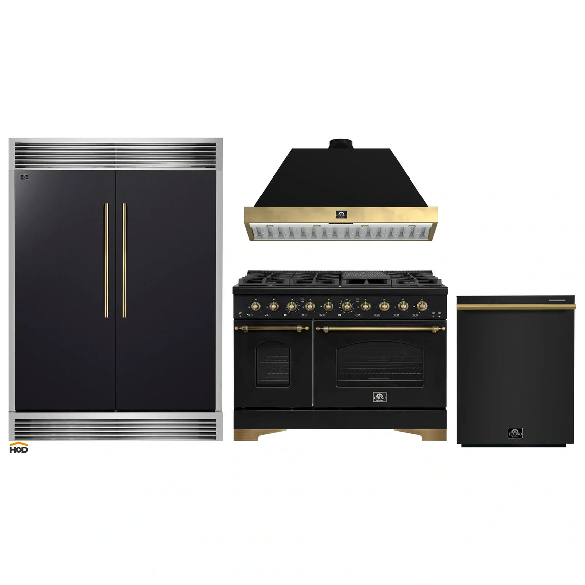 Forno 4-Piece Appliance Package - 48-Inch Gas Range, 60-Inch Convertible Refrigerator with Modern Grille Trim, Dishwasher, in Black with Antique Brass Trim