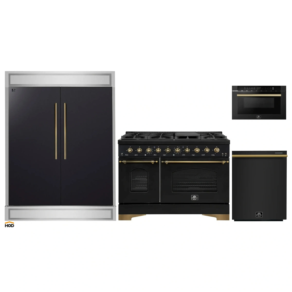 Forno 4-Piece Appliance Package - 48-Inch Gas Range, 60-Inch Convertible Refrigerator with Modern Trim, Dishwasher, and 24-Inch Microwave Drawer in Black with Antique Brass Trim