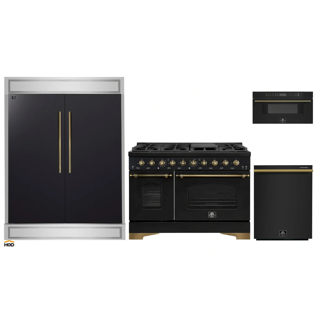 Forno 4-Piece Appliance Package - 48-Inch Gas Range, 60-Inch Convertible Refrigerator with Modern Trim, Dishwasher, and 30-Inch Microwave Drawer in Black with Antique Brass Trim
