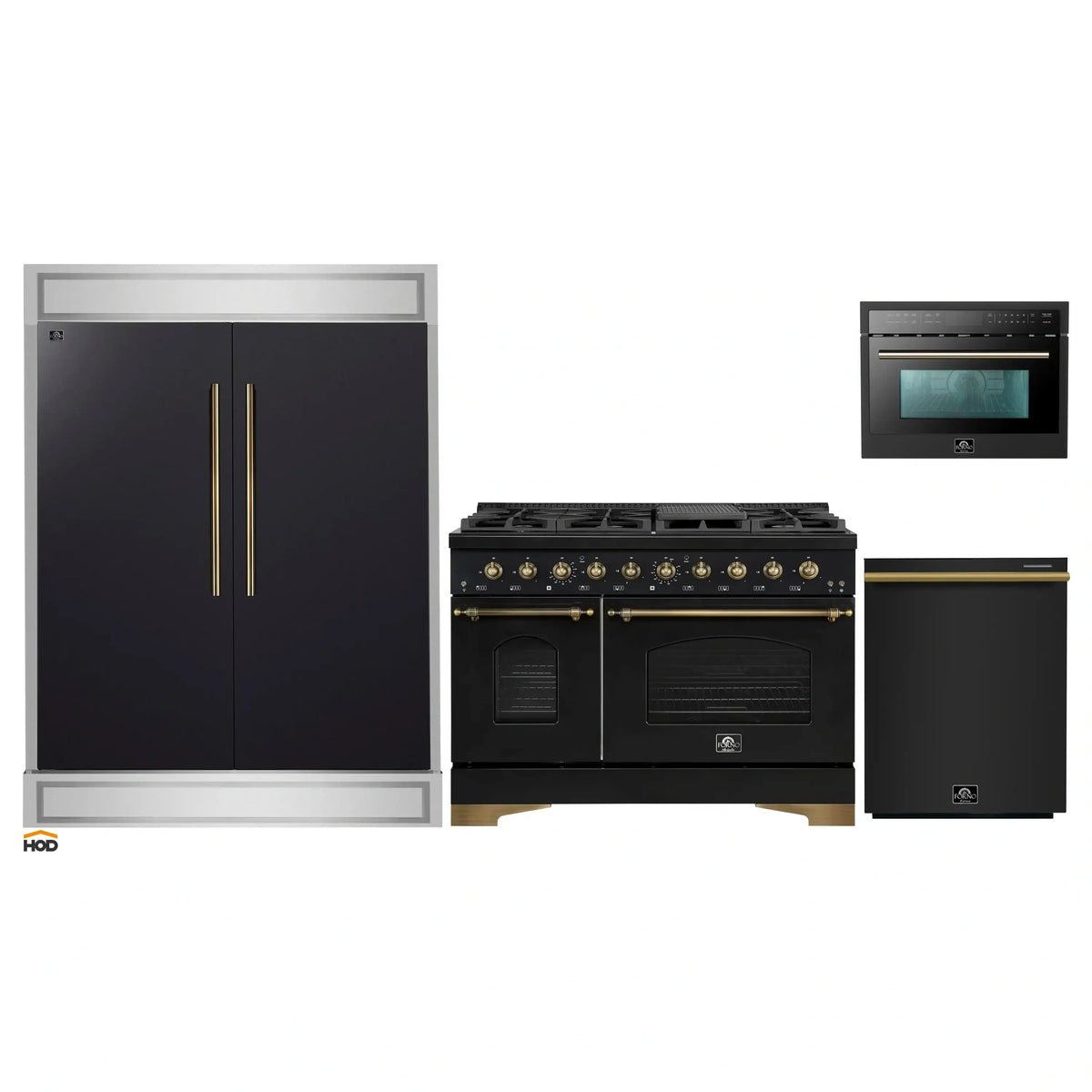 Forno 4-Piece Appliance Package - 48-Inch Gas Range, 60-Inch Convertible Refrigerator with Modern Trim, Dishwasher, and 24-Inch Microwave Oven in Black with Antique Brass Trim