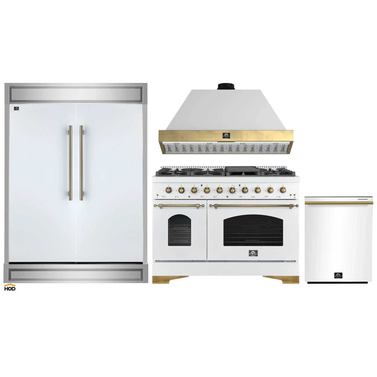 Forno 4-Piece Appliance Package - 48-Inch Gas Range, Wall Mount Range Hood, 60-Inch Refrigerator, Dishwasher in White with Antique Brass Trim