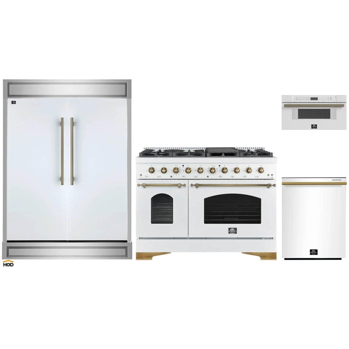 Forno 4-Piece Appliance Package - 48-Inch Gas Range, 60-Inch Refrigerator, Dishwasher, & 30-Inch Microwave Drawer in White with Antique Brass Trim