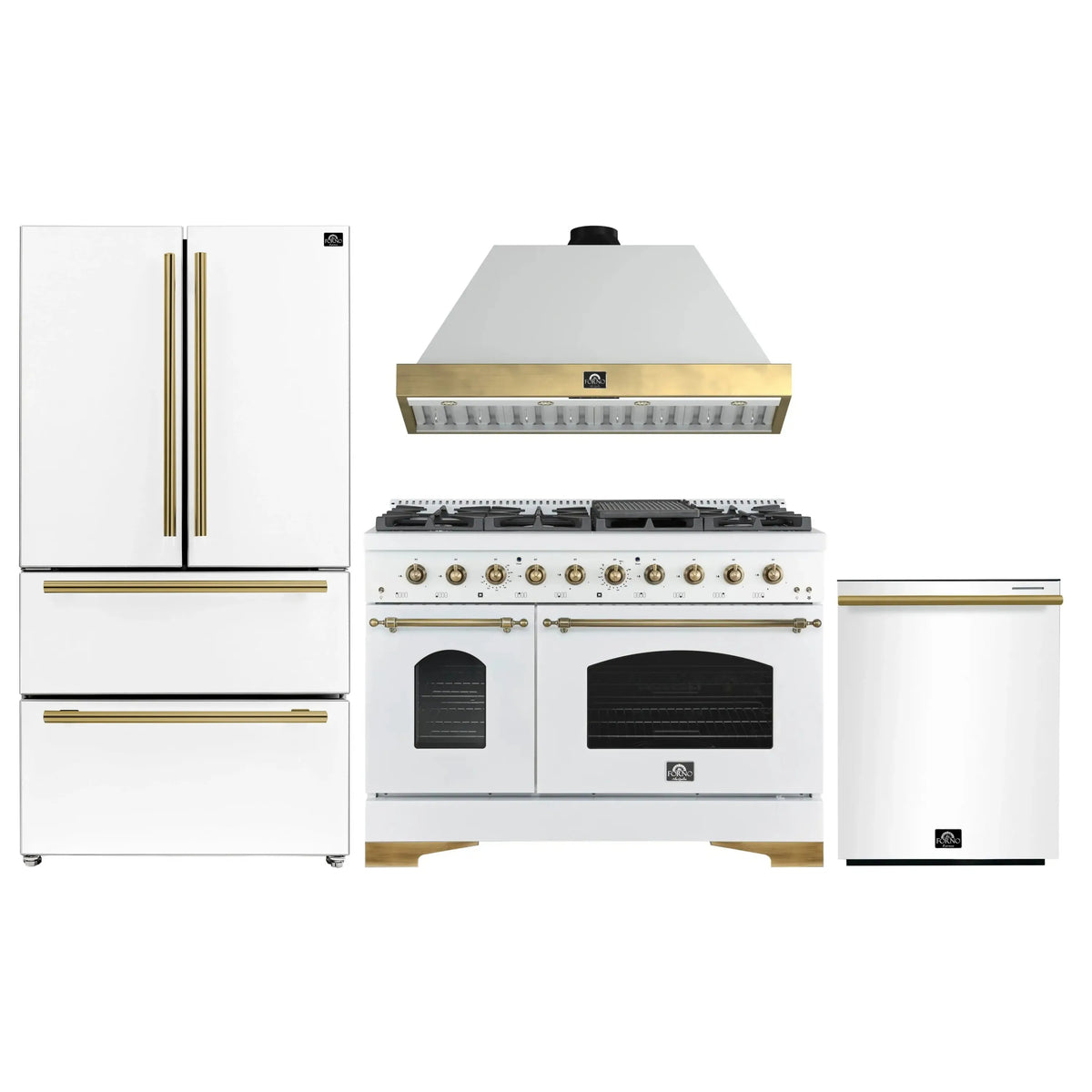 Forno Antico 4-Piece Appliance Package - 48-Inch Gas Range, 48-Inch Hood, 36-Inch Refrigerator, & 24-Inch Dishwasher in White with Antique Brass Trim