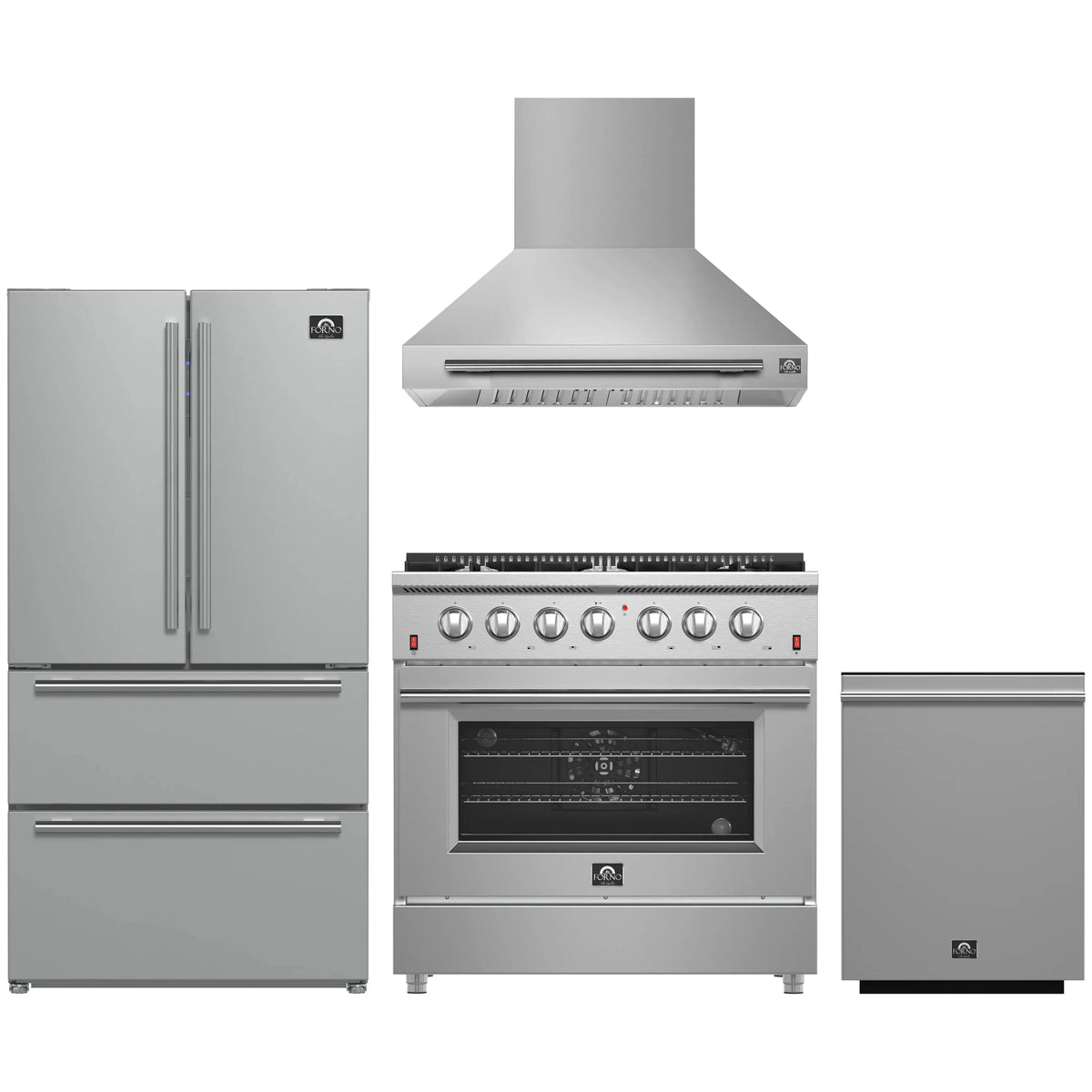 Forno 4-Piece Appliance Package - 36-Inch Gas Range, Wall Mount Range Hood, 36-Inch French Door Refrigerator, and Dishwasher in Stainless Steel