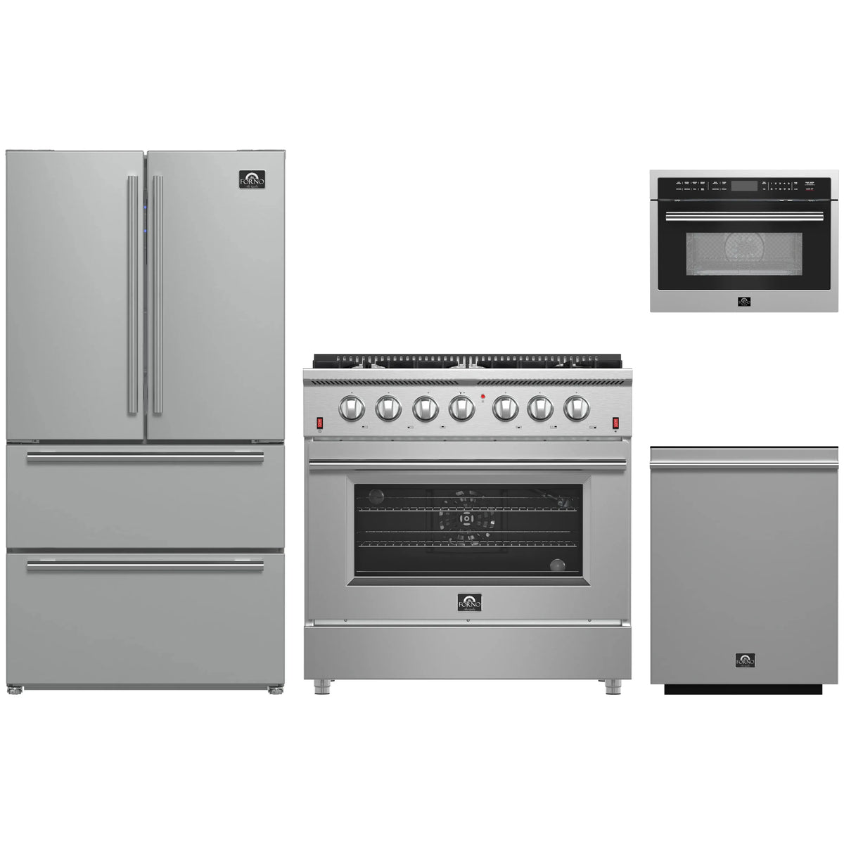 Forno 4-Piece Appliance Package - 36-Inch Gas Range, Refrigerator, 24-Inch Microwave Oven, & 3-Rack Dishwasher in Stainless Steel