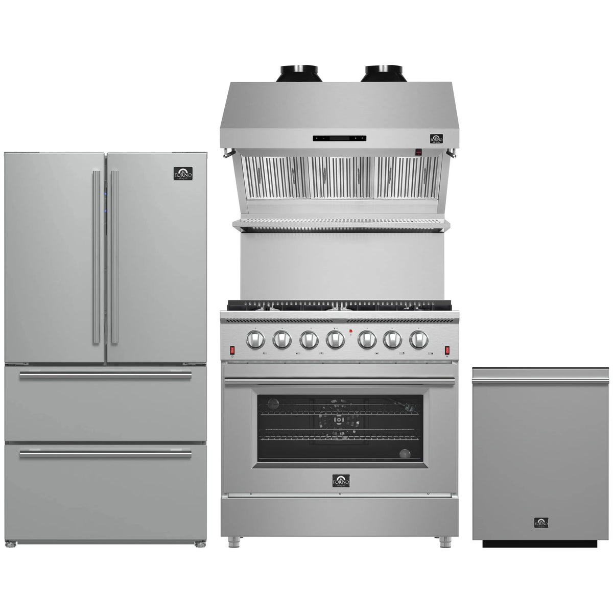 Forno 4-Piece Appliance Package - 36-Inch Gas Range, Refrigerator, Wall Mount Hood with Backsplash, & 3-Rack Dishwasher in Stainless Steel