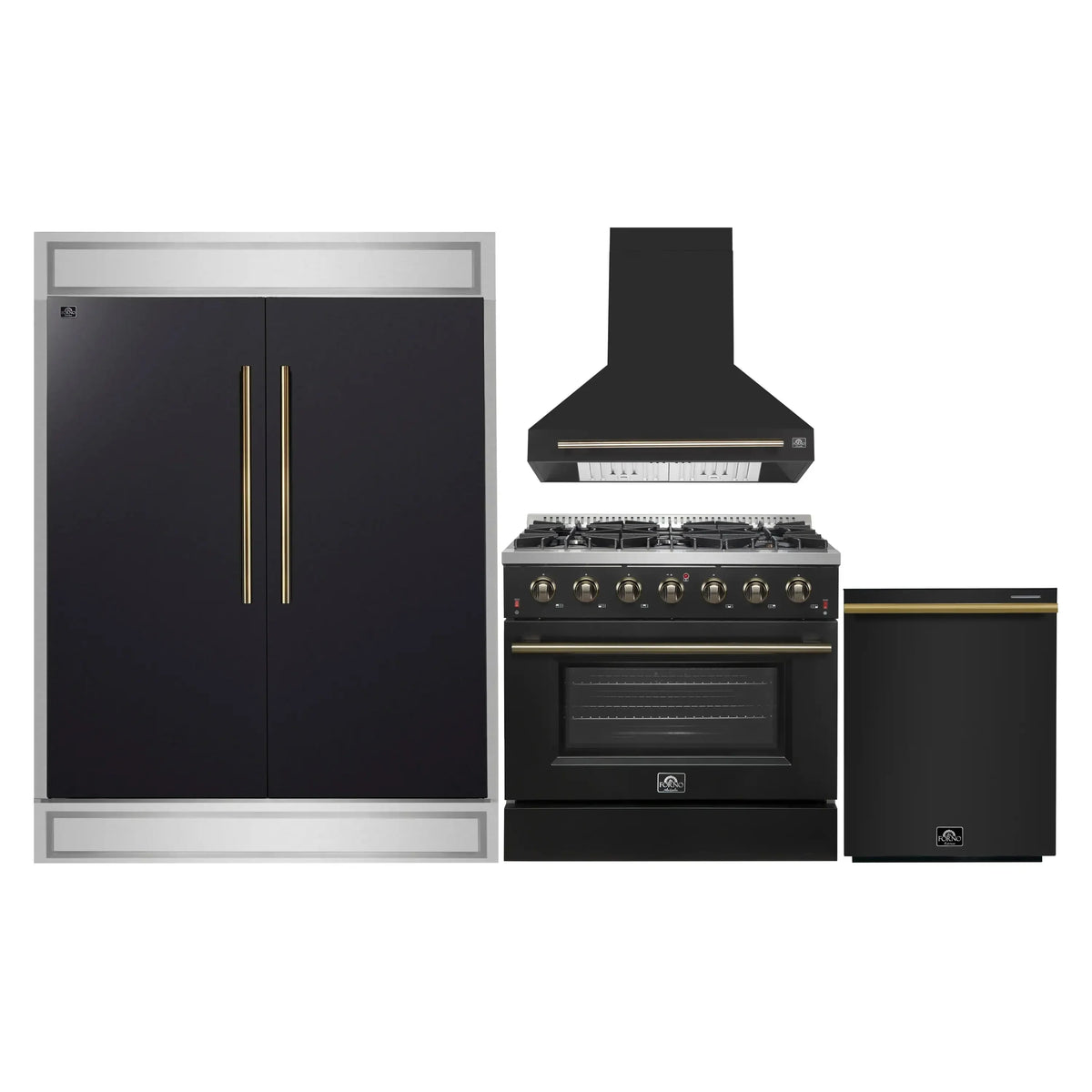 Forno 4-Piece Appliance Package - 36-Inch Gasl Fuel Range, Wall Mount Range Hood, 60-Inch Built-In Convertible Refrigerator, and Dishwasher in Black with Antique Brass Trim