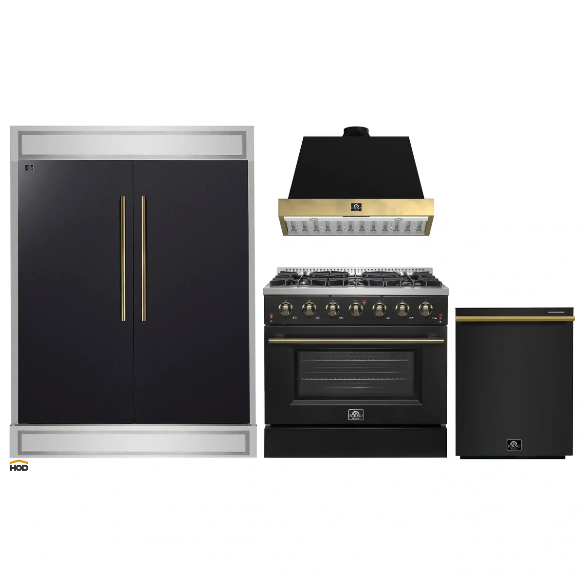 Forno 4-Piece Appliance Package - 36-Inch Gas Range, Wall Mount Range Hood, 60-Inch Convertible Refrigerator with Modern Trim, and Dishwasher in Black with Antique Brass Trim