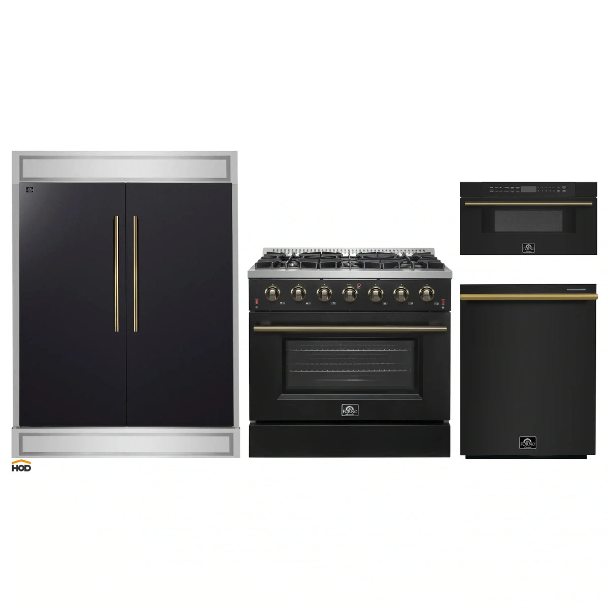 Forno 4-Piece Appliance Package - 36-Inch Gas Range, 60-Inch Convertible Refrigerator with Modern Trim, Dishwasher, and 30-Inch Microwave Drawer in Black with Antique Brass Trim