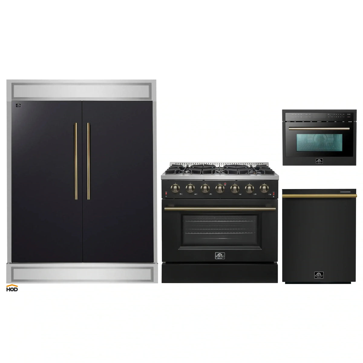 Forno 4-Piece Appliance Package - 36-Inch Gas Range, 60-Inch Convertible Refrigerator with Modern Trim, Dishwasher, and 24-Inch Microwave Oven in Black with Antique Brass Trim