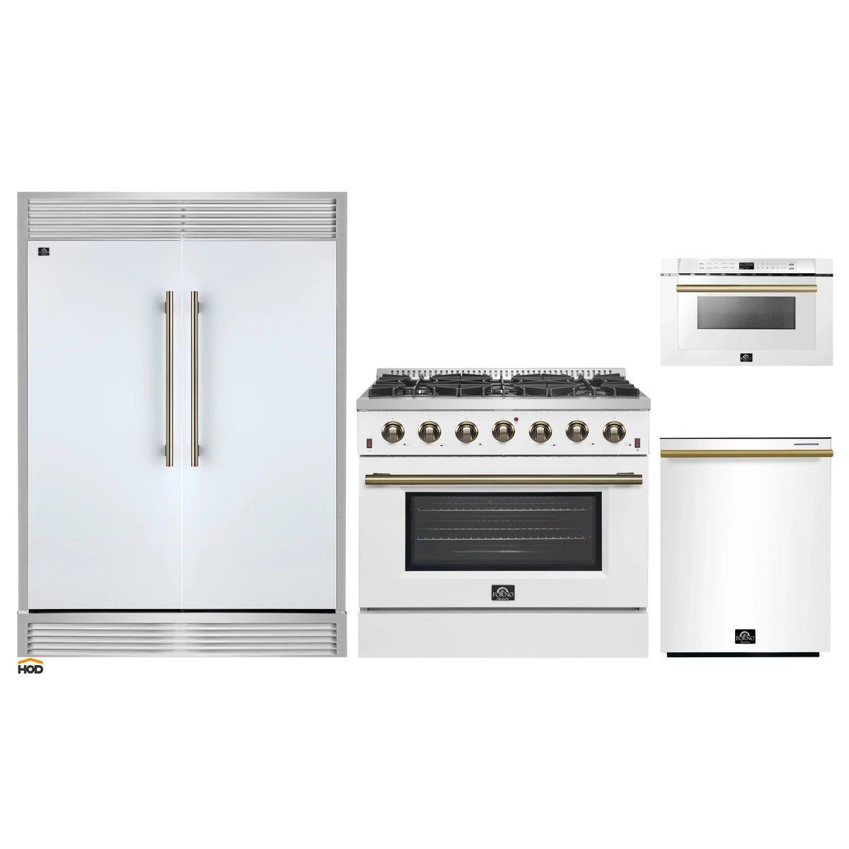 Forno 4-Piece Appliance Package - 36-Inch Galiano Gas Range, 60-Inch Refrigerator, Dishwasher, & 24-Inch Microwave Drawer in White with Antique Brass Trim