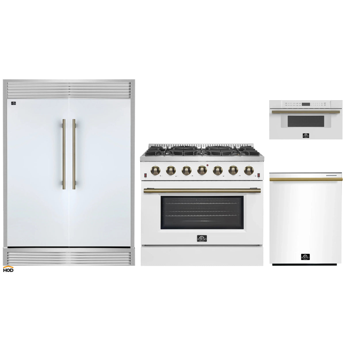 Forno 4-Piece Appliance Package - 36-Inch Galiano Gas Range, 60-Inch Refrigerator, Dishwasher, & 30-Inch Microwave Drawer in White with Antique Brass Trim