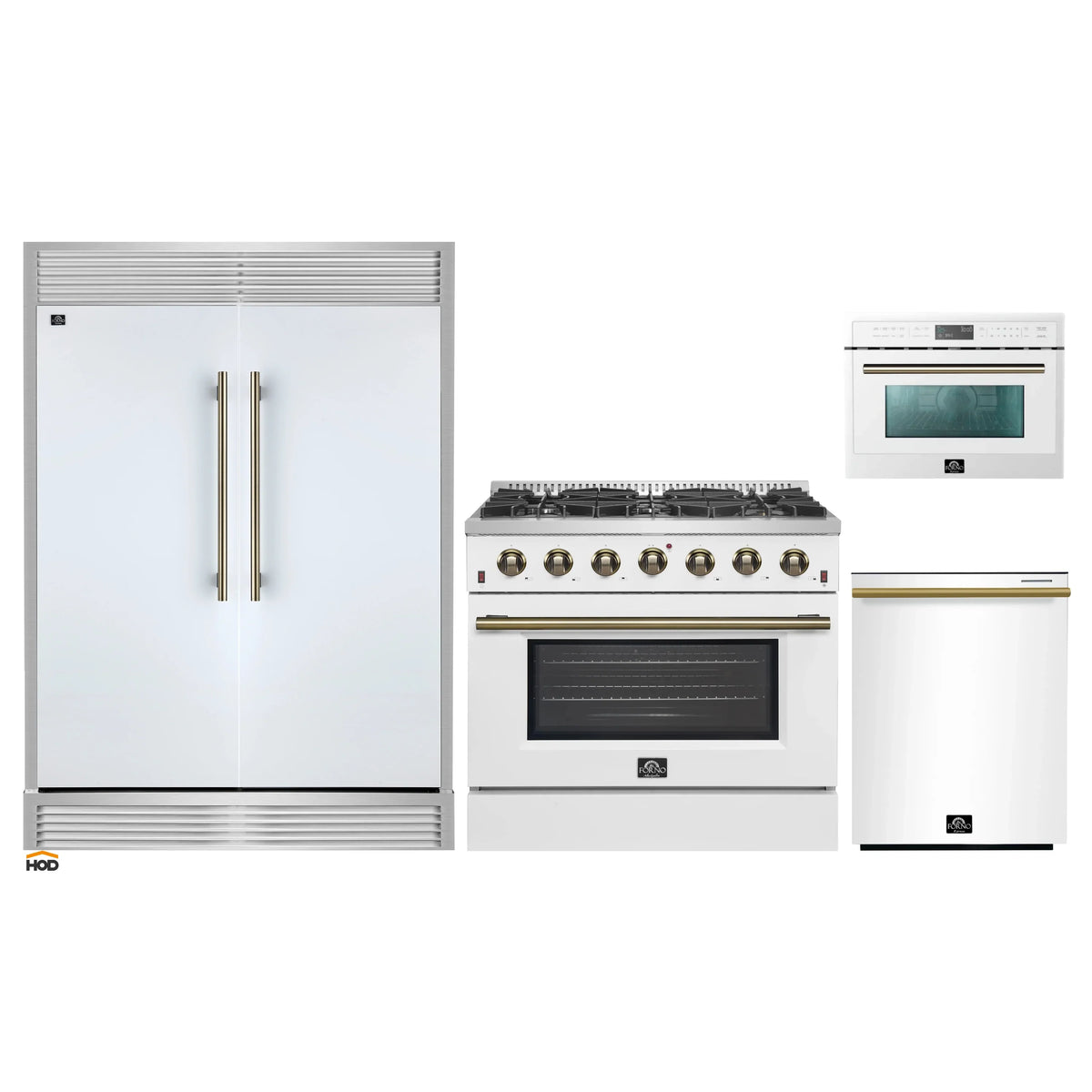 Forno 4-Piece Appliance Package - 36-Inch Galiano Gas Range, 60-Inch Refrigerator, Dishwasher, & 24-Inch Microwave Oven in White with Antique Brass Trim