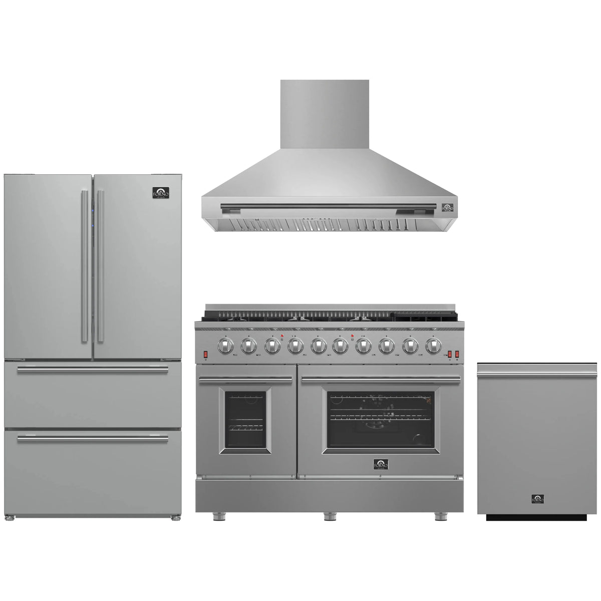 Forno 4-Piece Appliance Package - 48-Inch Gas Range, Wall Mount Range Hood, 36-Inch French Door Refrigerator, and Dishwasher in Stainless Steel