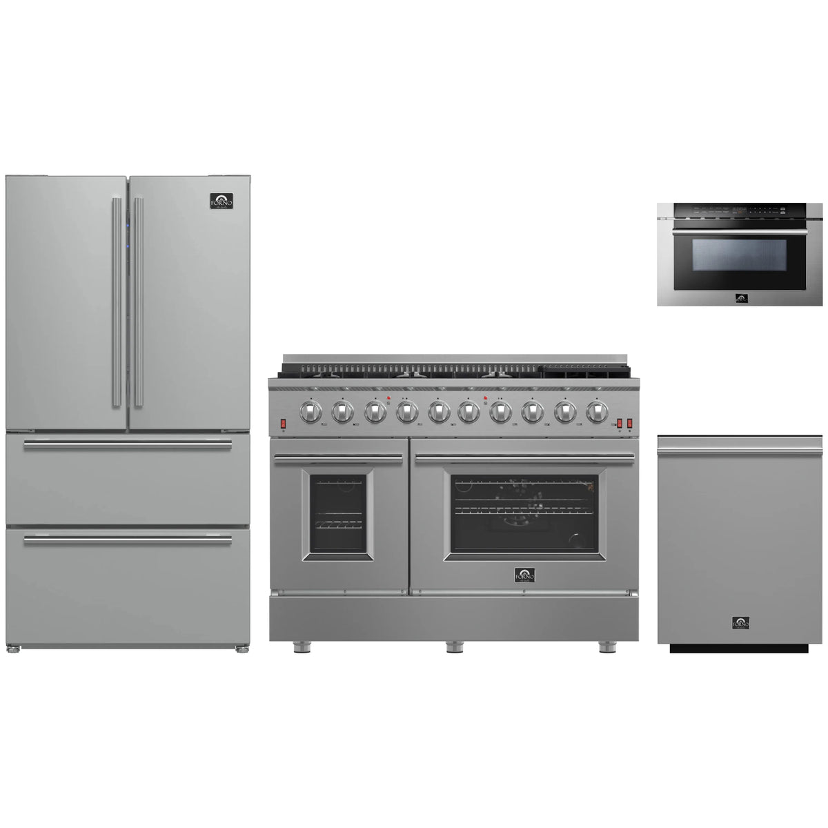Forno 4-Piece Appliance Package - 48-Inch Gas Range, Refrigerator, 24-Inch Microwave Drawer, & 3-Rack Dishwasher in Stainless Steel