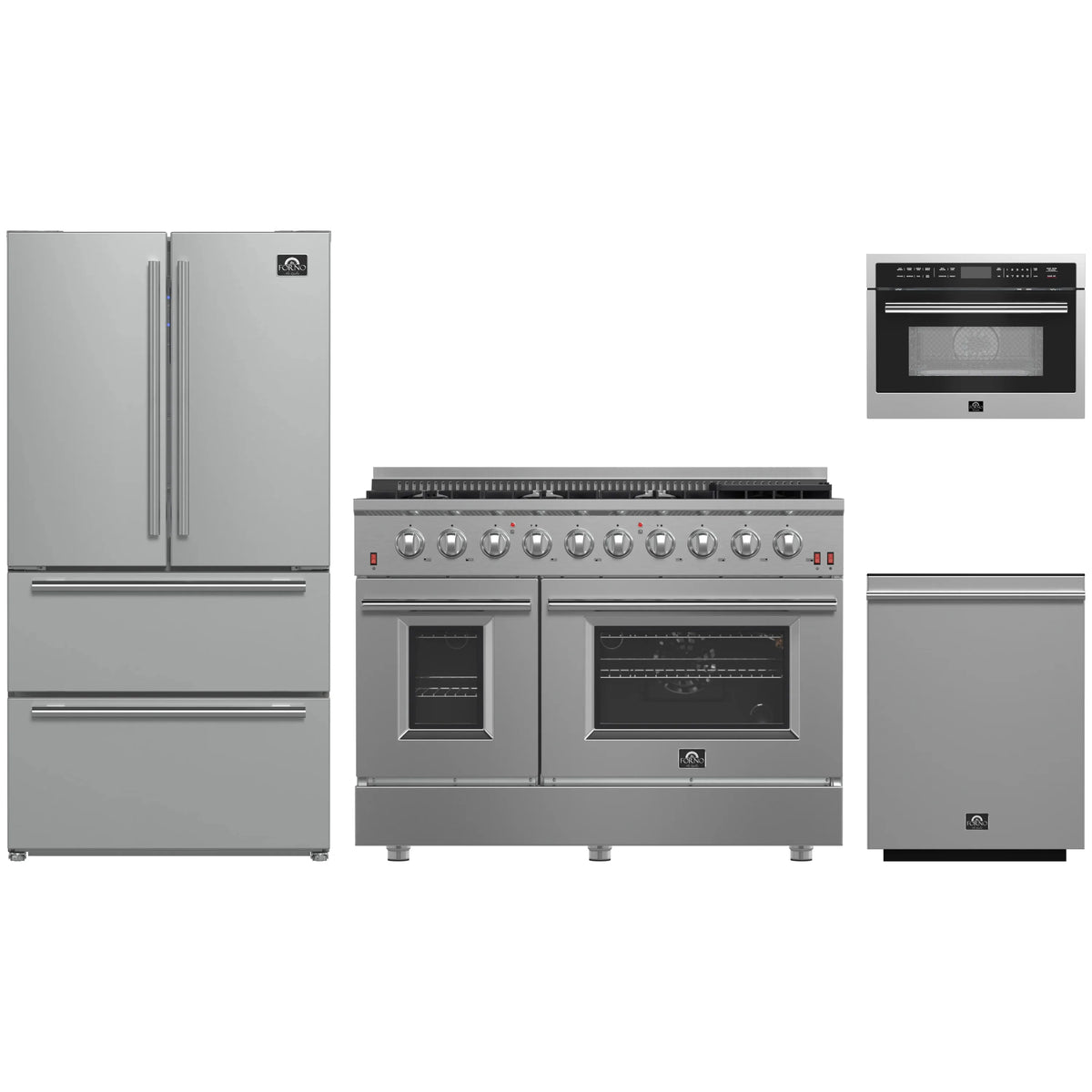 Forno 4-Piece Appliance Package - 48-Inch Gas Range, Refrigerator, 24-Inch Microwave Oven, & 3-Rack Dishwasher in Stainless Steel
