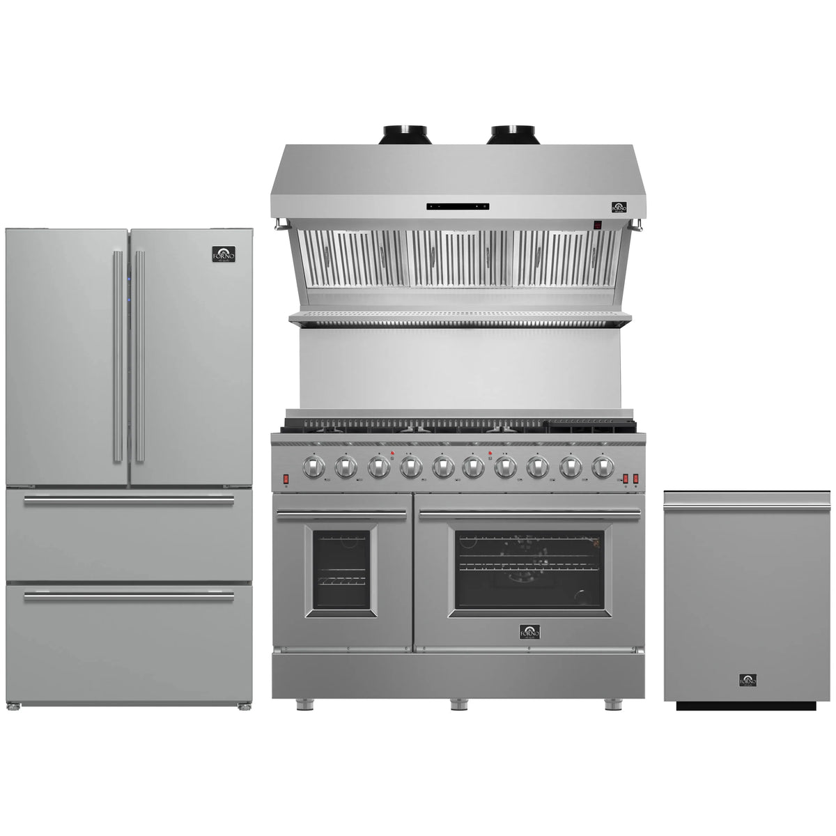 Forno 4-Piece Appliance Package - 48-Inch Gas Range, Refrigerator, Wall Mount Hood with Backsplash, & 3-Rack Dishwasher in Stainless Steel