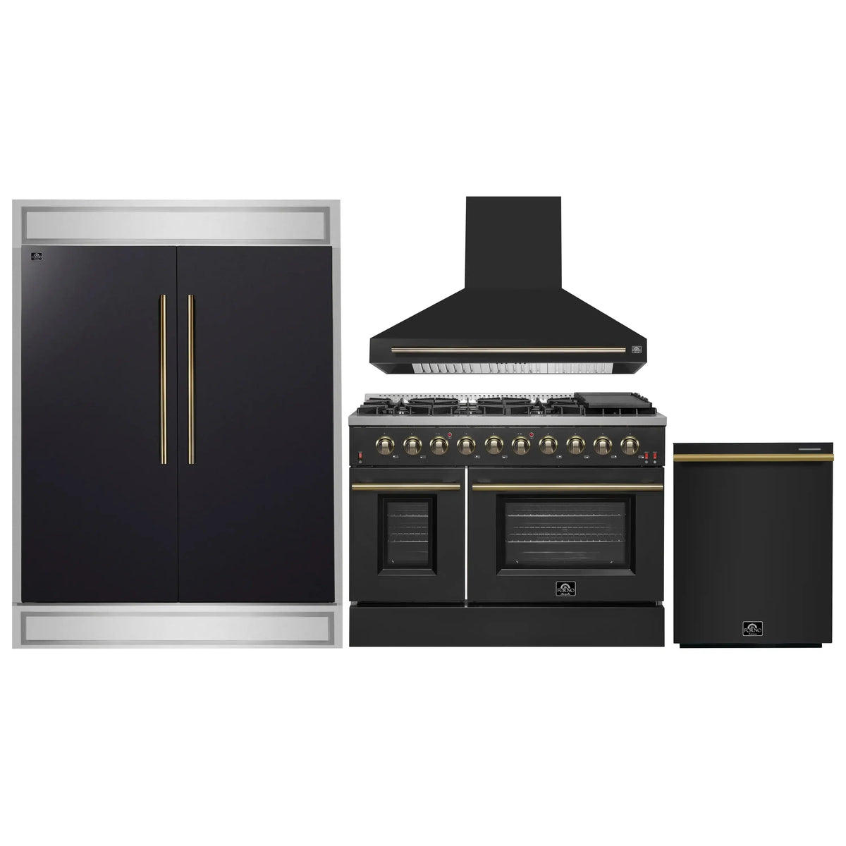 Forno 4-Piece Appliance Package - 48-Inch Gas Range, Wall Mount Range Hood, 60-Inch Built-In Convertible Refrigerator, and Dishwasher in Black with Antique Brass Trim