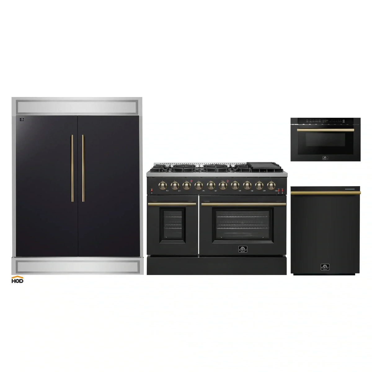 Forno 4-Piece Appliance Package - 48-Inch Gas Range, 60-Inch Convertible Refrigerator with Modern Trim, Dishwasher, and 24-Inch Microwave Drawer in Black with Antique Brass Trim