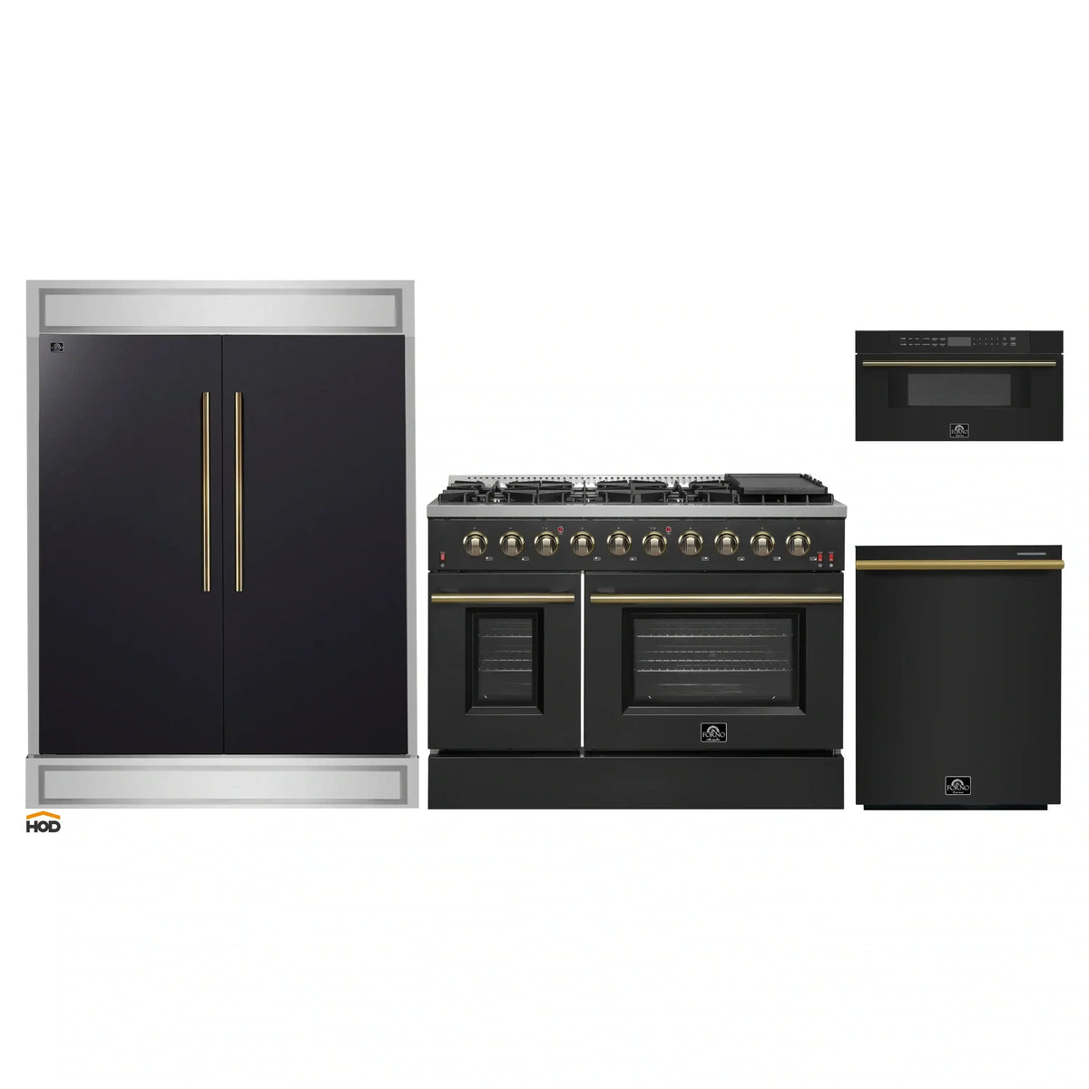 Forno 4-Piece Appliance Package - 48-Inch Gas Range, 60-Inch Convertible Refrigerator with Modern Trim, Dishwasher, and 30-Inch Microwave Drawer in Black with Antique Brass Trim