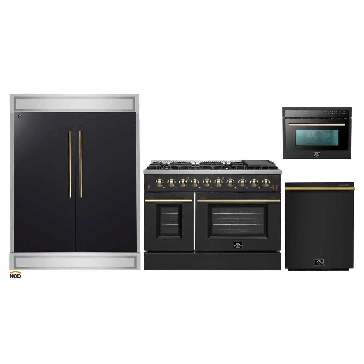 Forno 4-Piece Appliance Package - 48-Inch Gas Range, 60-Inch Convertible Refrigerator with Modern Trim, Dishwasher, and 24-Inch Microwave Oven in Black with Antique Brass Trim