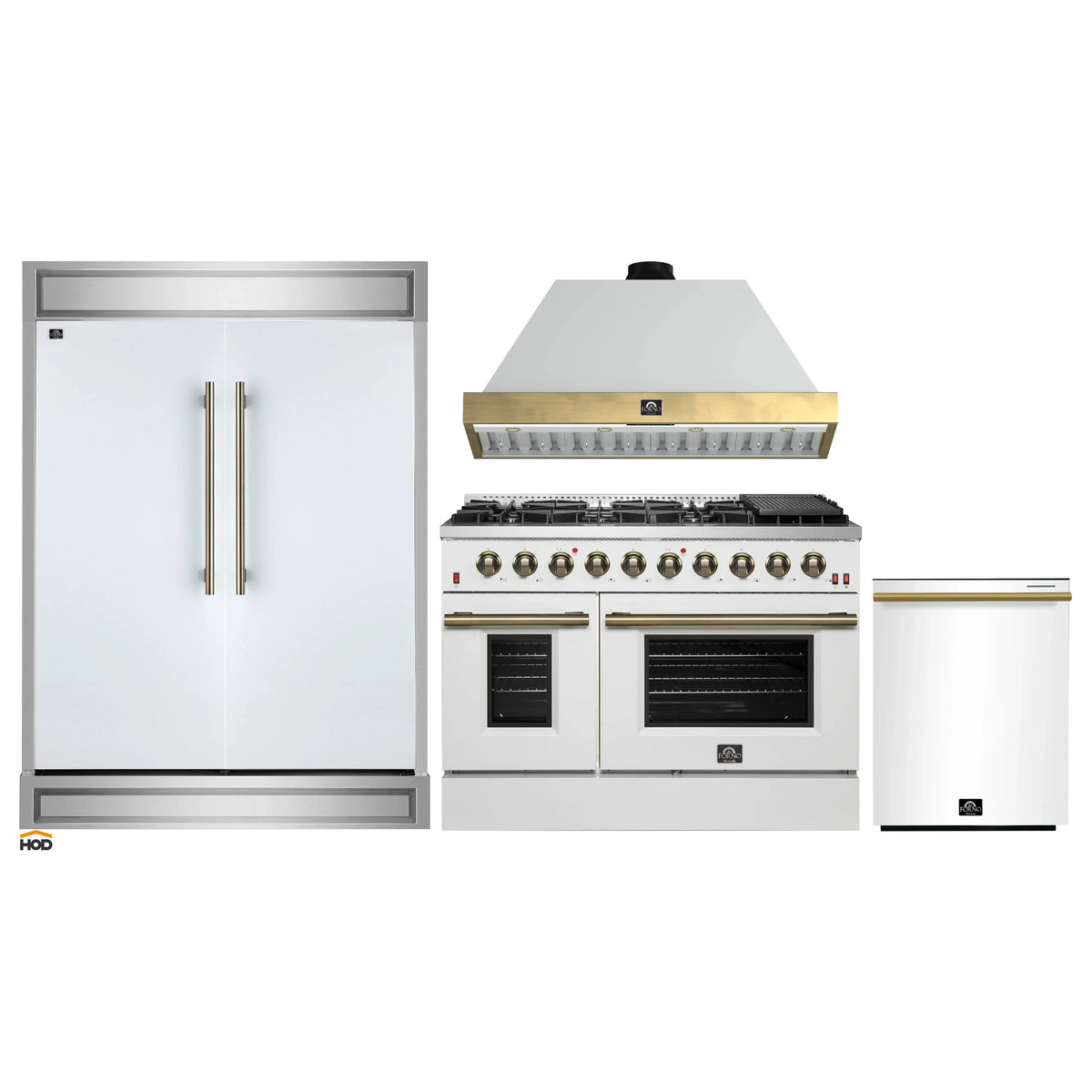 Forno 4-Piece Appliance Package - 48-Inch Gas Range, Wall Mount Range Hood, 60-Inch Refrigerator, Dishwasher in White with Antique Brass Trim
