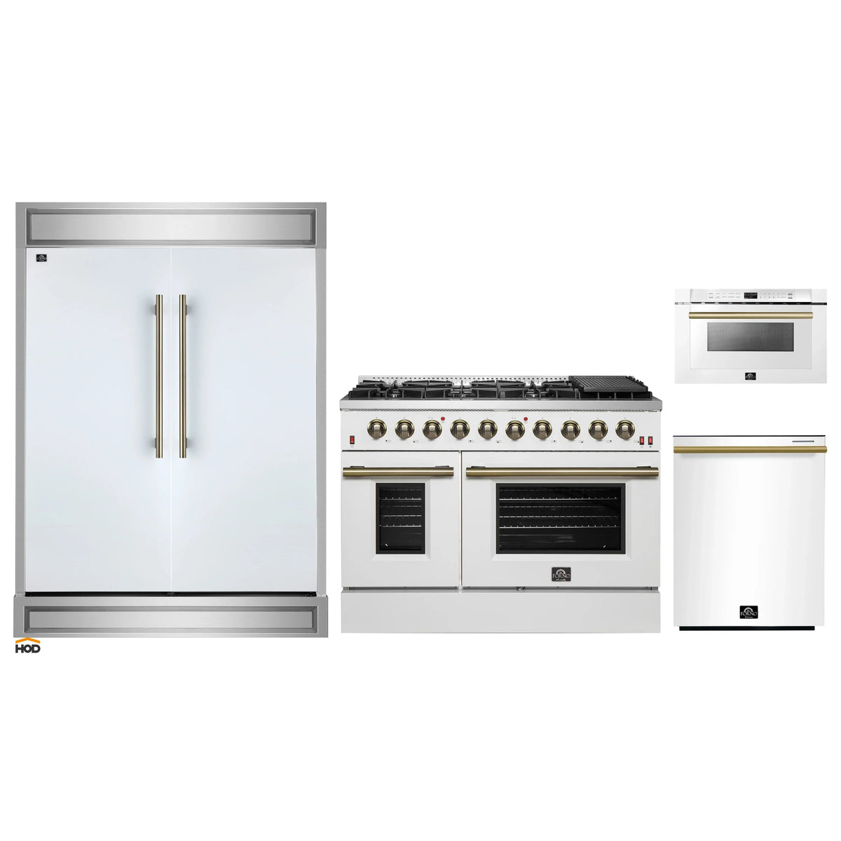 Forno 4-Piece Appliance Package - 48-Inch Gas Range, 60-Inch Refrigerator, Dishwasher, & 24-Inch Microwave Drawer in White with Antique Brass Trim