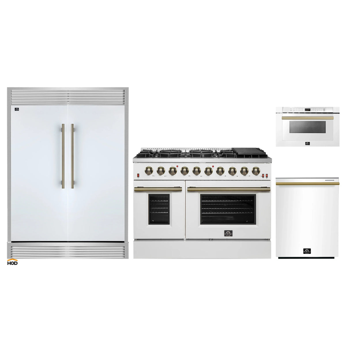 Forno 4-Piece Appliance Package - 48-Inch Galiano Gas Range, 60-Inch Refrigerator, Dishwasher, & 24-Inch Microwave Drawer in White with Antique Brass Trim