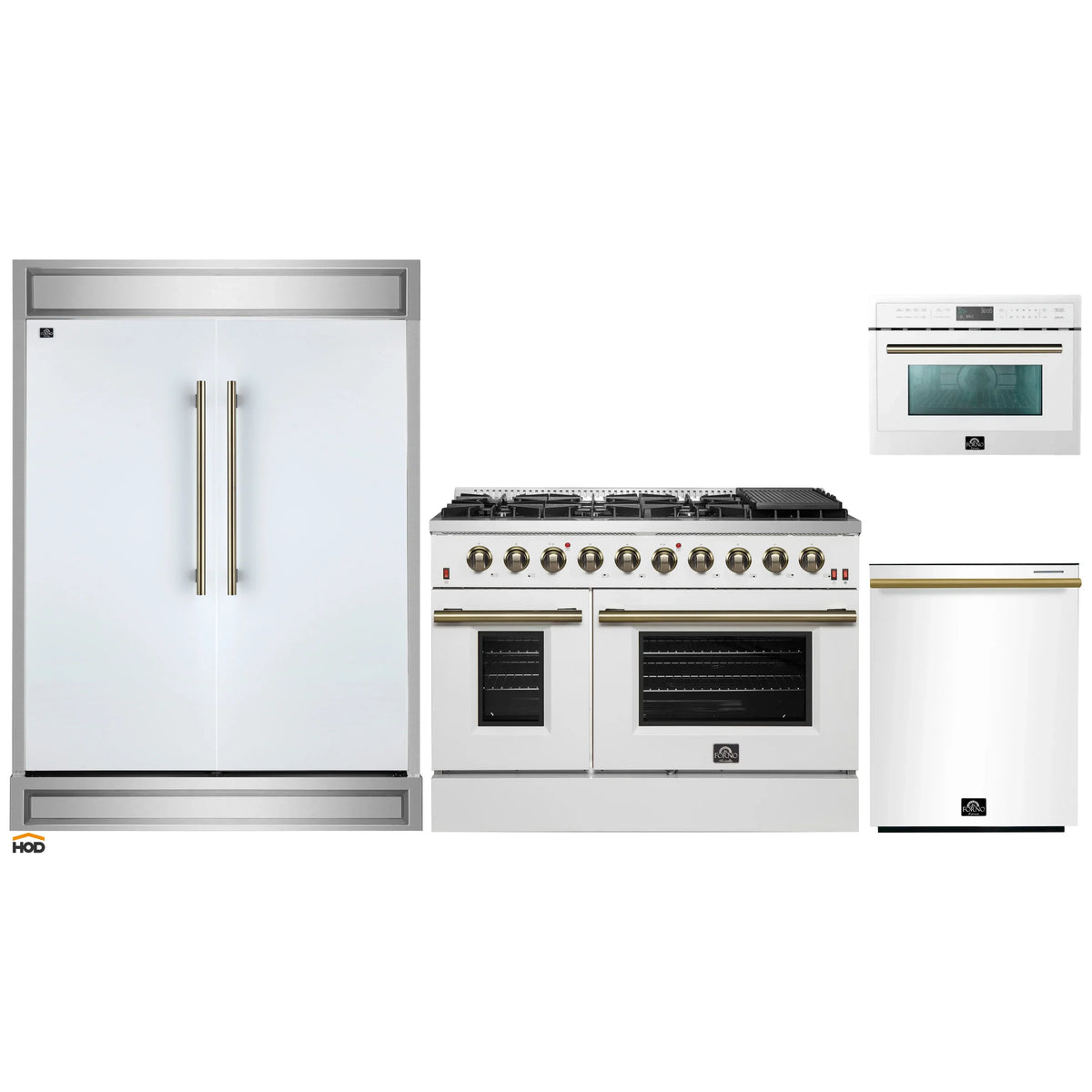 Forno 4-Piece Appliance Package - 48-Inch Gas Range, 60-Inch Refrigerator, Dishwasher, & 24-Inch Microwave Oven in White with Antique Brass Trim