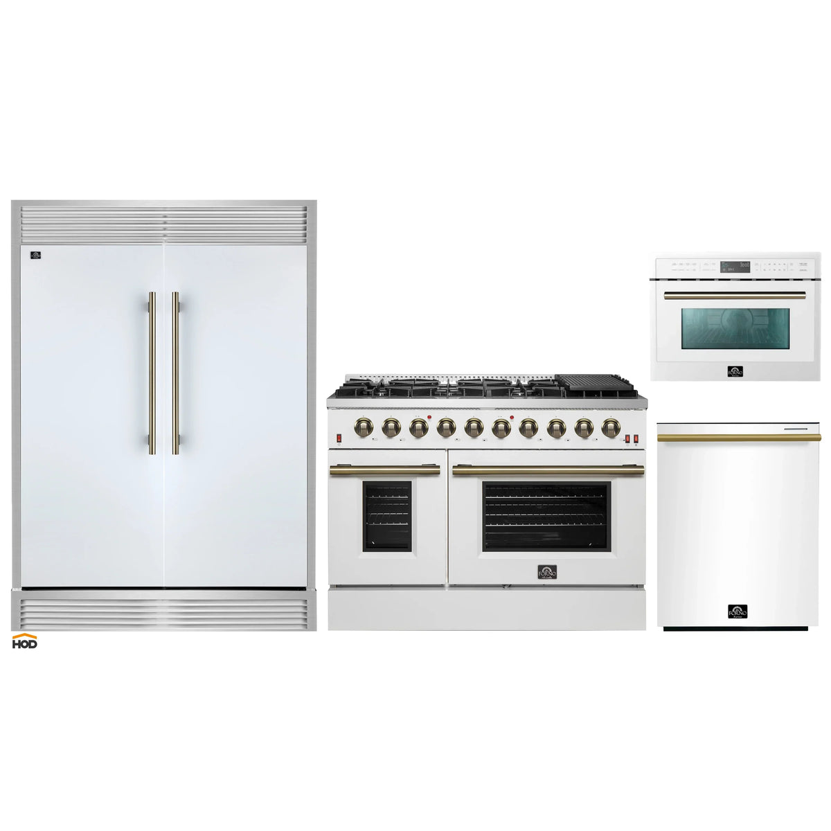 Forno 4-Piece Appliance Package - 48-Inch Galiano Gas Range, 60-Inch Refrigerator, Dishwasher, & 24-Inch Microwave Oven in White with Antique Brass Trim