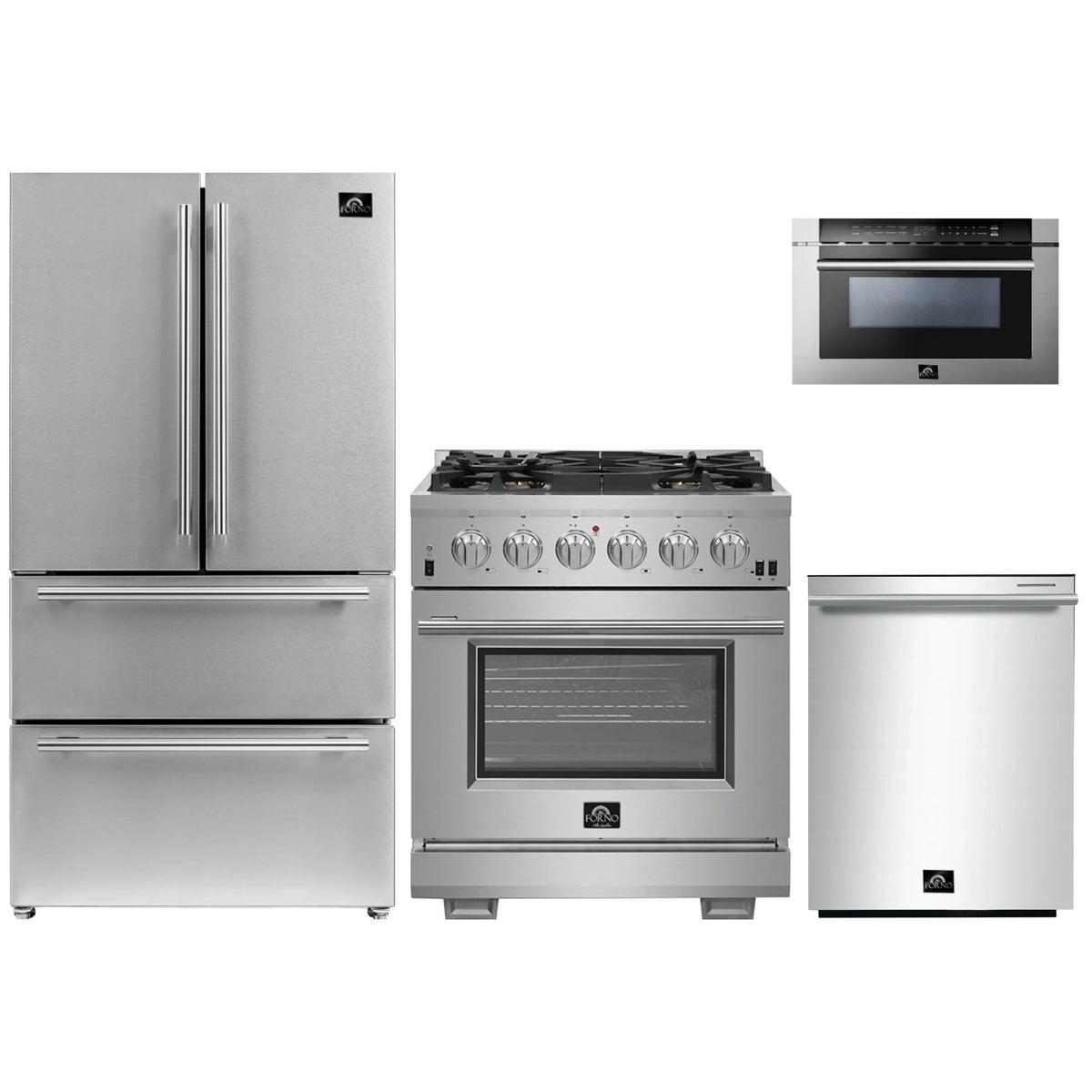 Forno 4-Piece Pro Appliance Package - 30-Inch Gas Range, Refrigerator, 24-Inch Microwave Drawer, & 3-Rack Dishwasher in Stainless Steel