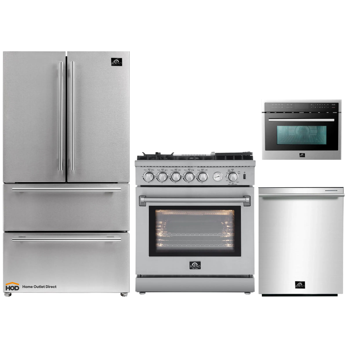 Forno 4-Piece Appliance Package - 30-Inch Gas Range with Air Fryer, Refrigerator, 24-Inch Microwave Oven, & 3-Rack Dishwasher in Stainless Steel