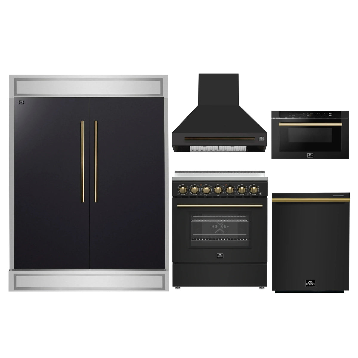 Forno 5-Piece Appliance Package - 30-Inch Electric Range, Wall Mount Range Hood, 60-Inch Refrigerator, Dishwasher, and 24-Inch Microwave Drawer in Black with Antique Brass Trim