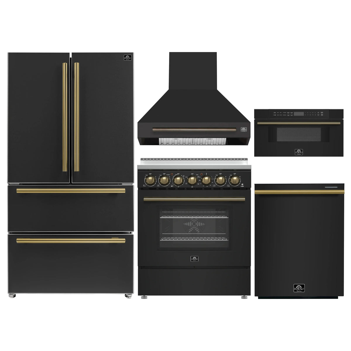 Forno 5-Piece Appliance Package - 30-Inch Electric Range, Wall Mount Range Hood, 36-Inch Refrigerator, Dishwasher, and 30-Inch Microwave Drawer in Black with Antique Brass Trim