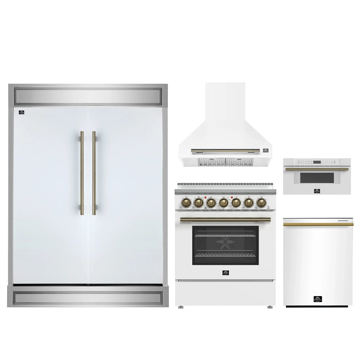 Forno 5-Piece Appliance Package - 30-Inch Electric Range, Wall Mount Range Hood, 60-Inch Refrigerator, Dishwasher, and 30-Inch Microwave Drawer in White with Antique Brass Trim
