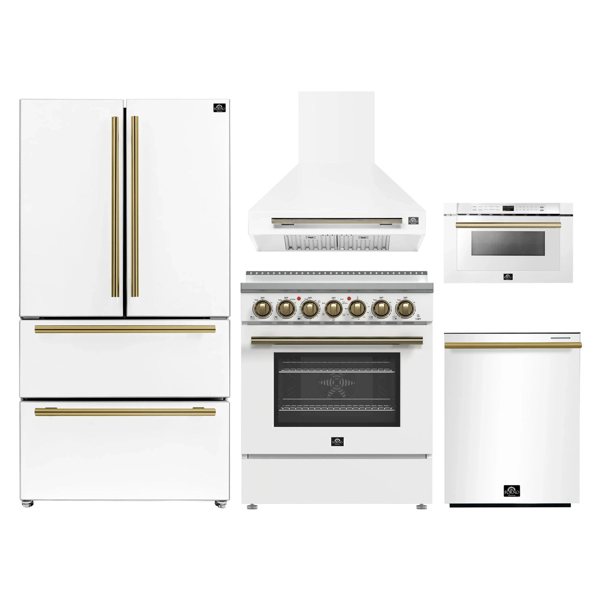 Forno 5-Piece Appliance Package - 30-Inch Electric Range, Wall Mount Range Hood, 36-Inch Refrigerator, Dishwasher, and 24-Inch Microwave Drawer in White with Antique Brass Trim