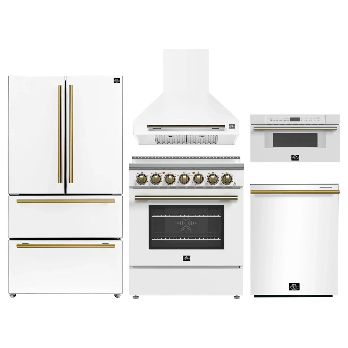 Forno 5-Piece Appliance Package - 30-Inch Electric Range, Wall Mount Range Hood, 36-Inch Refrigerator, Dishwasher, and 30-Inch Microwave Drawer in White with Antique Brass Trim