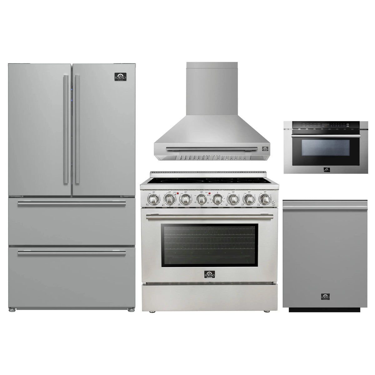 Forno 5-Piece Appliance Package - 36-Inch Electric Range, Wall Mount Range Hood, 36-Inch Refrigerator, Dishwasher, and 24-Inch Microwave Drawer in Stainless Steel