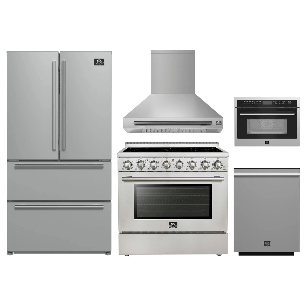 Forno 5-Piece Appliance Package - 36-Inch Electric Range, Wall Mount Range Hood, 36-Inch Refrigerator, Dishwasher, and 24-Inch Microwave Oven in Stainless Steel