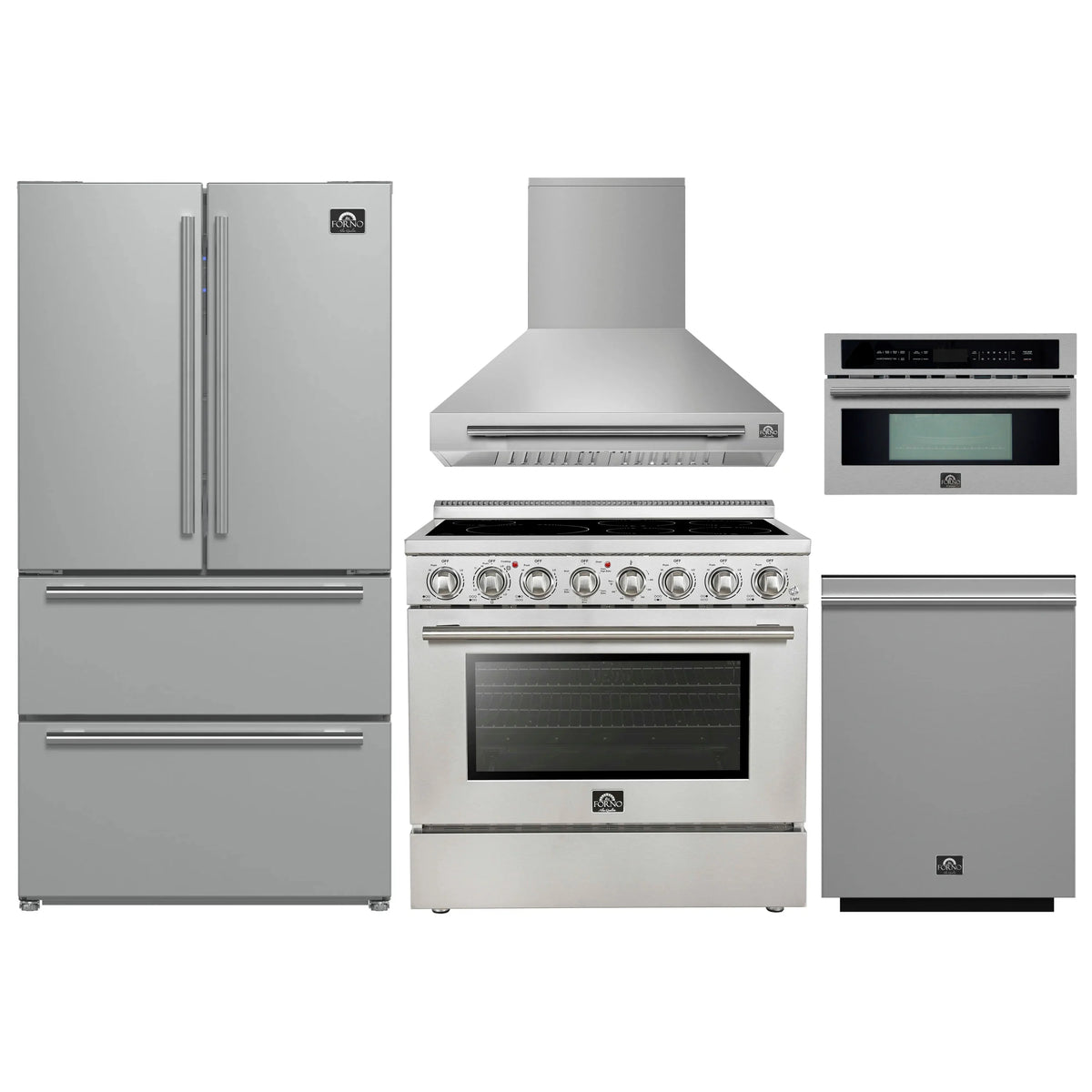 Forno 5-Piece Appliance Package - 36-Inch Electric Range, Wall Mount Range Hood, 36-Inch Refrigerator, Dishwasher, and 30-Inch Microwave Oven in Stainless Steel