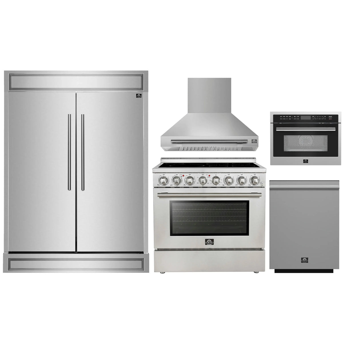 Forno 5-Piece Appliance Package - 36-Inch Electric Range, Wall Mount Range Hood, 60-Inch Refrigerator, Dishwasher, and 24-Inch Microwave Oven in Stainless Steel