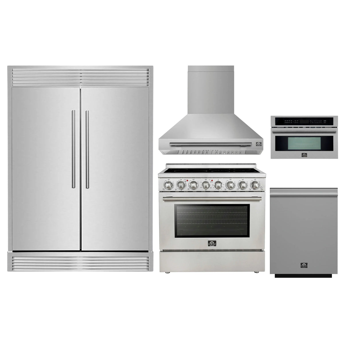 Forno 5-Piece Appliance Package - 36-Inch Electric Range, Wall Mount Range Hood, 60-Inch Refrigerator, Dishwasher, and 30-Inch Microwave Oven in Stainless Steel