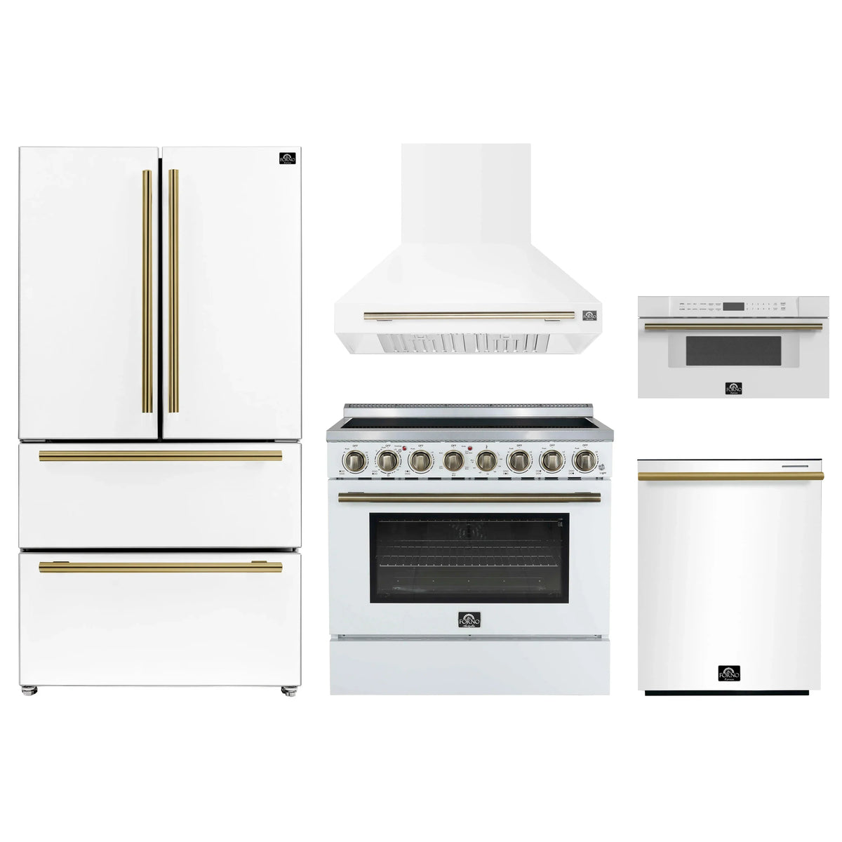 Forno 5-Piece Appliance Package - 36-Inch Electric Range, Wall Mount Range Hood, 36-Inch Refrigerator, Dishwasher, and 30-Inch Microwave Drawer in White with Antique Brass Trim