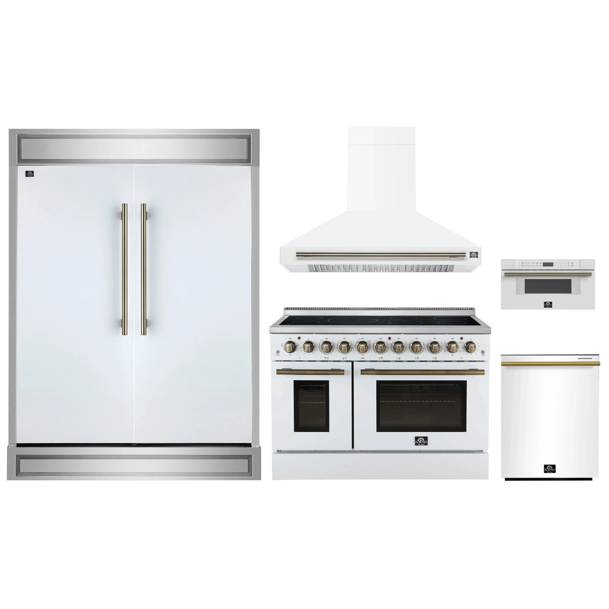Forno 5-Piece Appliance Package - 48-Inch Electric Range, Wall Mount Range Hood, 60-Inch Refrigerator, Dishwasher, and 30-Inch Microwave Drawer in White with Antique Brass Trim